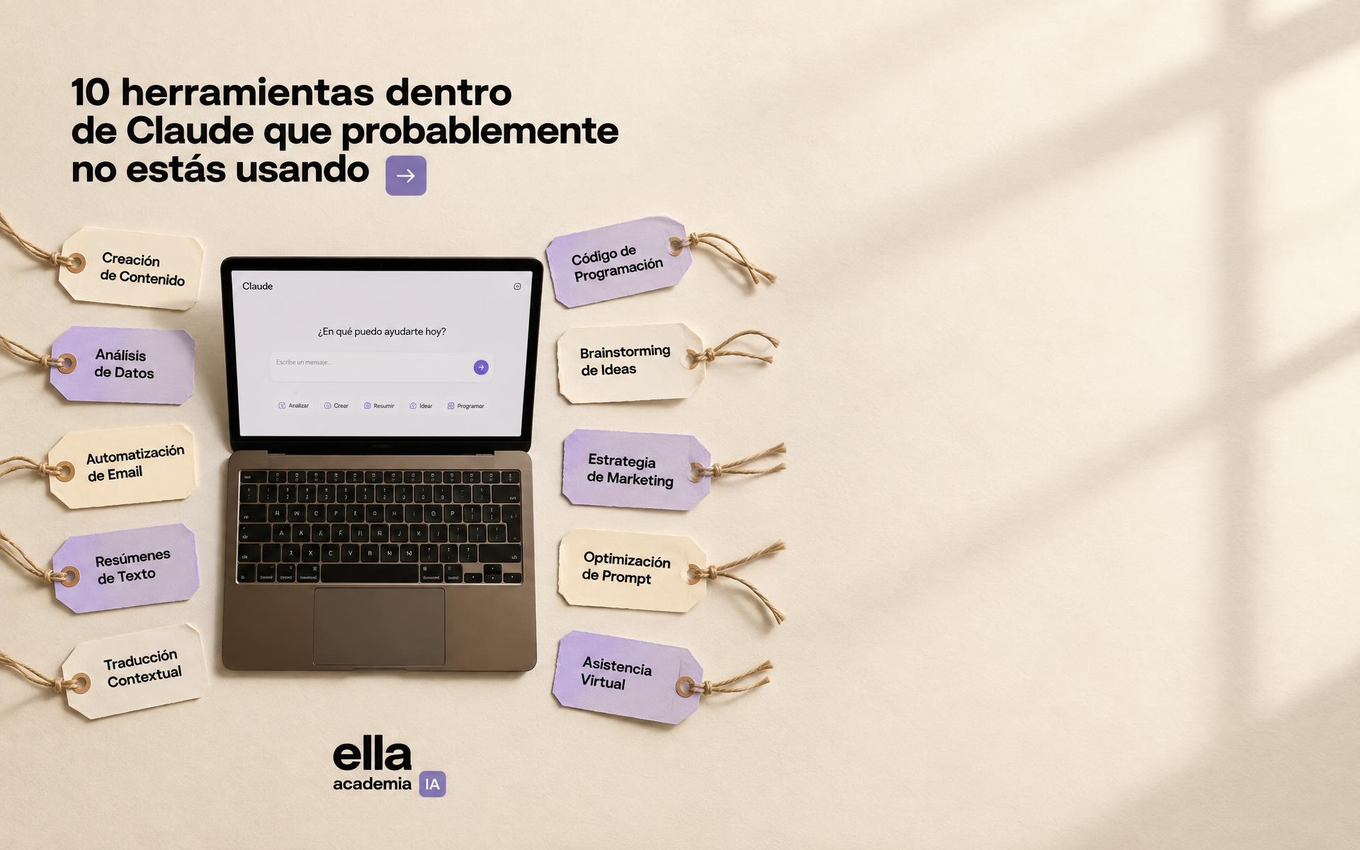10 herramientas dentro de Claude con etiquetas sobre una laptop, de EllAcademIA
